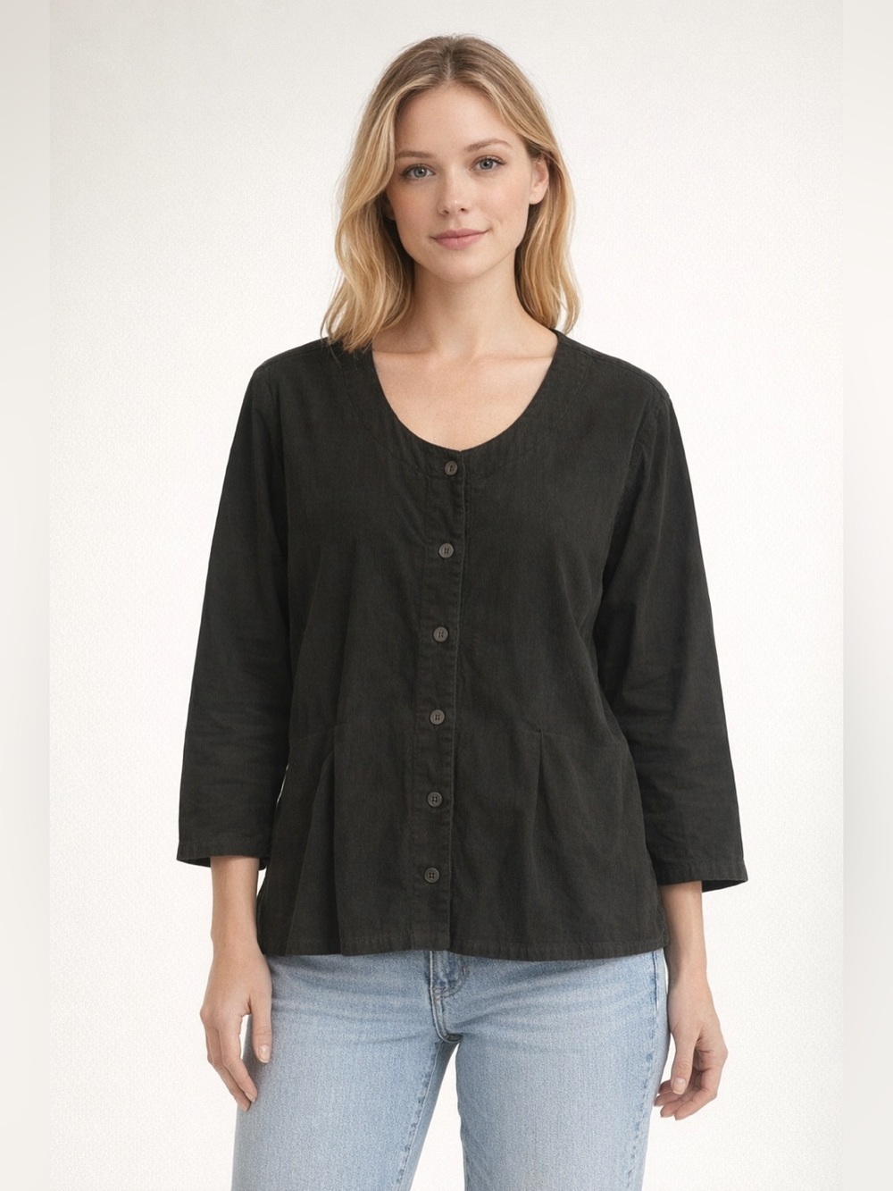 FLAX Vintage 100% Cotton Corduroy Button‑Front Top Black Women’s Small